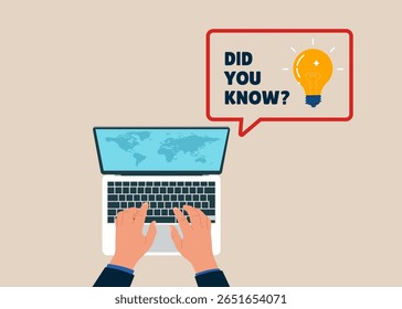 Vista de cima do homem trabalhando com o computador. Computador com balão de fala você sabe adesivo com lâmpada amarela. Ilustração de vetor plano. 
