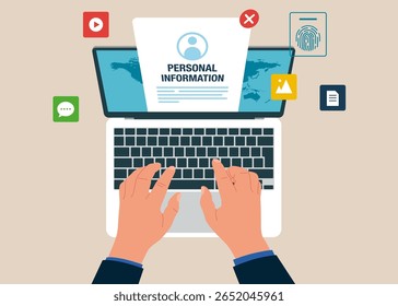 Vista superior do homem trabalhando usando laptop. Engenheiro de software trabalhando em hacking de informações on-line. Hackear e explorar resultados. Ilustração de vetor plano.