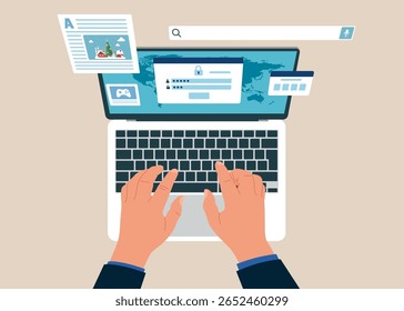 Vista superior do homem trabalhando usando laptop. O empresário usa a proteção segura de login e senha no site ou na conta de mídia social. Ilustração do conceito de login seguro e inscrição. Vetor em estilo plano. 