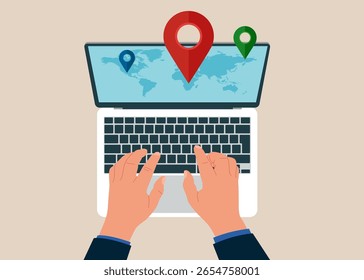Vista superior do homem trabalhando usando laptop. Funcionário trabalhando remotamente com laptop de computador. Trabalho remoto ou à distância, escritório virtual ou trabalhando em qualquer lugar, freelancer ou escritório on-line. 
