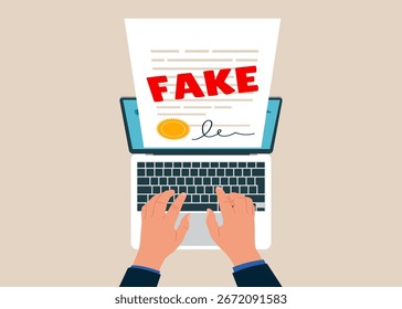 Draufsicht des Menschen, der mit Laptop arbeitet. Überprüfung falscher Informationen, Betrug und illegale Berichte. Inspektor durch den Laptop überprüfen gefälschte Dokument. Flache Vektorgrafik.