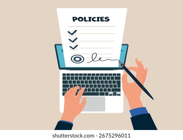 Vista superior do homem trabalhando usando laptop. Caneta com documento de política da empresa. Ilustração vetorial plana moderna.