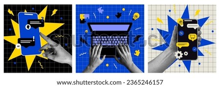 Top view of man working using computer. Vector illustration of website design, development, programming, seo. Hands holding a smartphone. Digital chat bot, robot application, conversation assistant