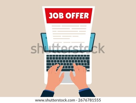 Top view of man working using laptop. Job invitation letter after interview. Job offer document in huge yellow envelope. Recruitment, work contract. Flat vector illustration.