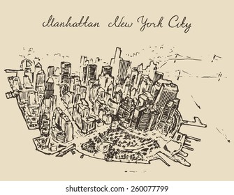 Top view of Manhattan, (new York, United States), hand drawn vector illustration, sketch, engraved style