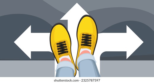 Top view of mans feet on shoes standing on arrows to choose road vector illustration. Cartoon person in casual shoes on feet thinking about right first step forward, choice between alternative options