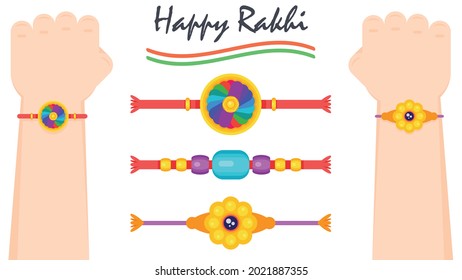 Top view of man's hand wearing rakhi on raksha bandhan day. Different designs of rakhi. Flat design vector illustration.
