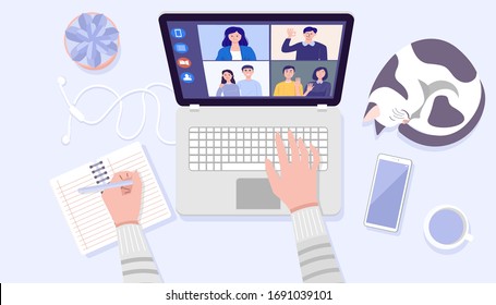 Top View Of Man's Hands Using Laptop For Video Conferencing At Home. Vector