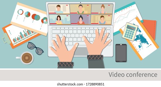 Top view of man's hands using laptop for Video Conferencing at home. People on computer screen taking with colleague. Video conferencing and online meeting workspace. Vector illustration.