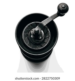 Top view of a manual coffee grinder mechanism with metal handle