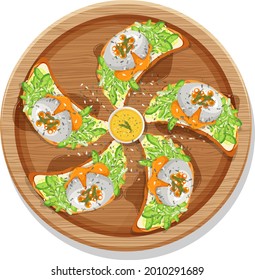 Top view of many breakfast bruschetta on a round plate isolated illustration