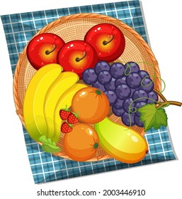 Top view of many fruits in the basket isolated on white background illustration