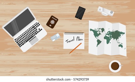 Top view many object on table such as ,laptop ,passport ,credit card notebook, pencil, map, coffe ,cup and camera. Flat icon object illustration vector. ready to planing travel trip around the world