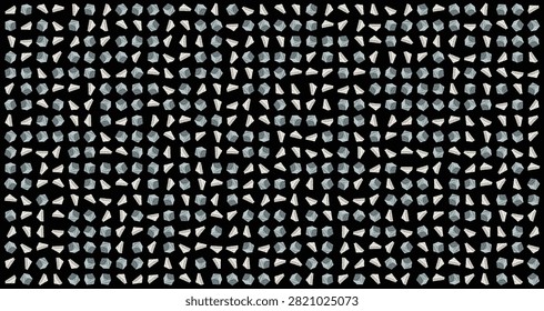 top view of many small rough white and gray mineral stones neatly arranged in a grid pattern on a black surface