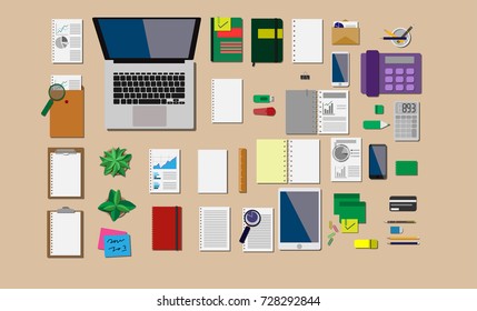 Top view of many working supplies items eg. laptop, paper note, notebook, pencil, pen, tree, telephone and mobile phone in various color