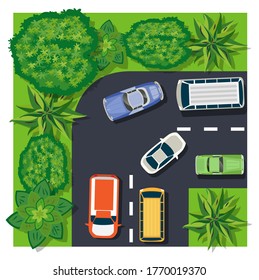 The top view is a map of the city district module block with town infrastructure, roads, trees, parks, and gardens. The design of the object is a vector illustration for games, apps, and scenery.