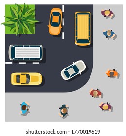 The top view is a map of the city district module block with town infrastructure, roads, trees, parks, and gardens. The design of the object is a vector illustration for games, apps, and scenery.