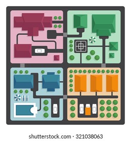 Top view map of the city with streets and houses. View from above. Colorful vector illustration, flat style.