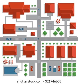 Top view map of the city with streets and houses. View from above. Vector illustration.