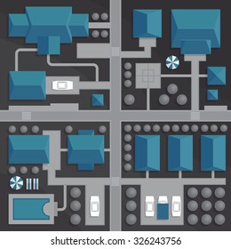 Top view map of the city with streets and houses. View from above. Colorful vector illustration, flat style.