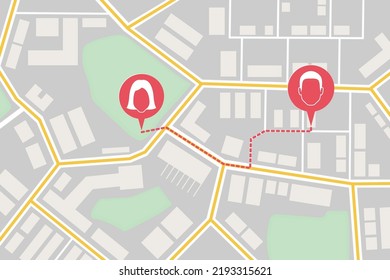 Top view map with pin markers showing GPS location of people or friends in the city with direction 