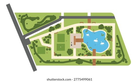 Top view map of a public park with a pond, swans, green lawns, pathways, benches, and trees showing a relaxing recreational area design in city.