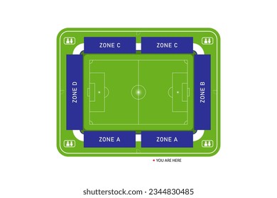 Top view, Map seat zone of football field on isolated background, Vector illustration.