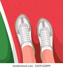 Top view of marathon runners feet in sneakers vector illustration. Cartoon selfie look down of athlete standing on running track, person with sports shoes on feet training and jogging in park