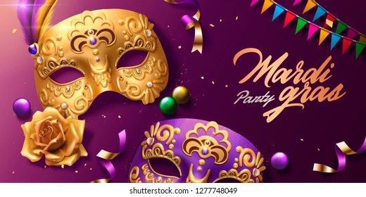 Top view of mardi gras carnival design with golden masks and colorful flags in 3d illustration