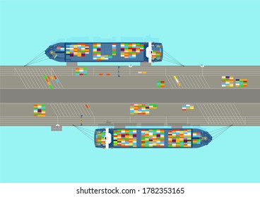 Top View Of The Maritime Container Port With A Ship. Flat Vector.