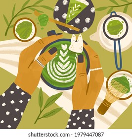 Top view of matcha food and drink. Female hands holding green coffee cup. Organic cake and cappuccino served with leaves, whisk and powder. Flat vector illustration of natural dessert and latte