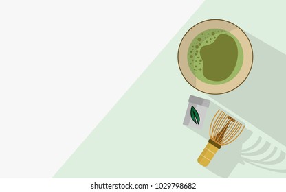 ,Top view of matcha green tea tea bowl with chasen(tea whisk) and tea container  isolated on simply color background with long shadow and copy space for your text 