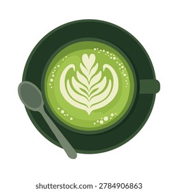 Top view of matcha latte cup with leaf art, green tea top view vector illustration