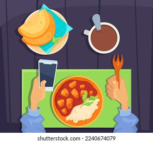 Top view of meal, hands with phone and fork vector illustration. Cartoon drawing of dining table, hands holding smartphone, curry, coffee cup, pies on plate. Food, technology concept