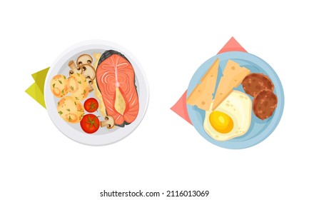 Top view of meal served on plates set. Salmon fish, potato and mushroom, fried egg and cheese vector illustration