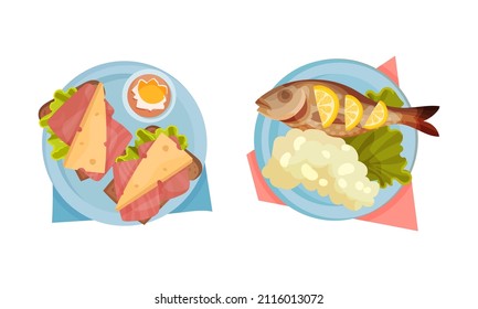 Top view of meal served on plates set. Sandwiches with ham and cheese, fried fish and mashed potato vector illustration