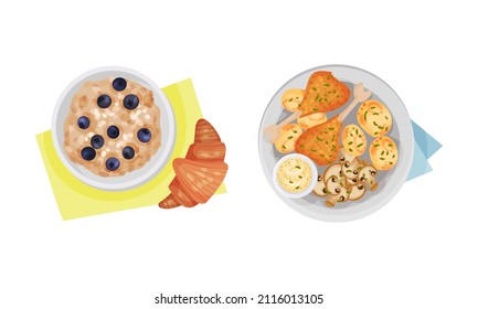 Top view of meal served on plates set. Porridge and croissant, drumstick and potato vector illustration