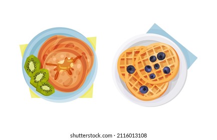 Top view of meal served on plates set. Fresh waffles and pancakes vector illustration