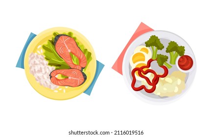 Top view of meal served on plates set. Salmon fish with rice, fried eggs with vegetables vector illustration