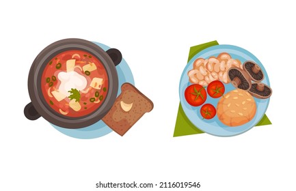 Top view of meal served on plates set. Soup, stewed beans with mushrooms and bun vector illustration
