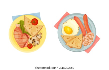 Top view of meal served on plates set. Traditional breakfast dishes vector illustration