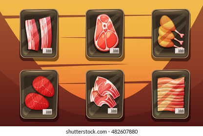 Top view of meat counter with trays of chicken legs chops loin brisket in cartoon style flat vector illustration 