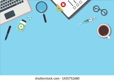 Top view medical doctor desk flat design vector, Medical healthcare diagnostic vector and copy space