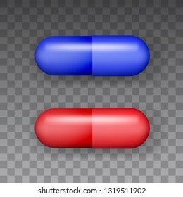 Top view medicaments vector of red and blue oval pill on transparent background.