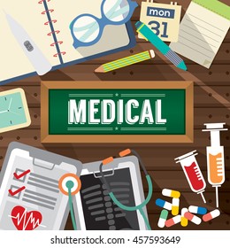 Top View Of Medicine Tablets, Hypodermic Syringe And Diagnosis Paper Medical Concept Vector Illustration