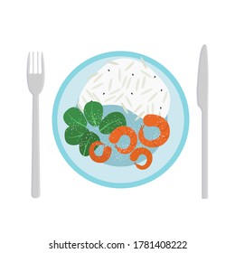 Top view of a Mediterranean dish with a fork and knife. A plate with rice, prawns, lettuce and pepper and Cutlery. Vector illustration of a dish