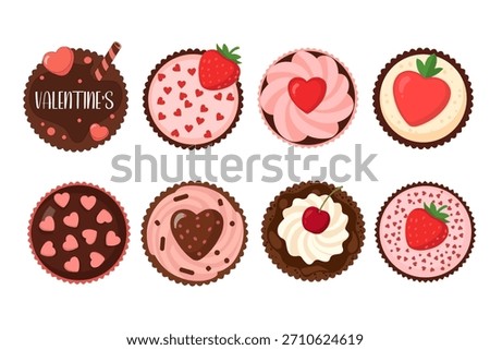 Top View Mega Set of Valentine's Day Cupcakes and Tarts: Love Sweets Collection Vector