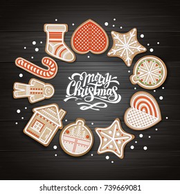 Top view of Merry Christmas concept design. Holiday cookies on wooden background. Christmas food