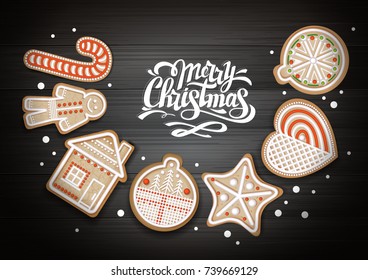 Top view of Merry Christmas concept design. Holiday cookies on wooden background. Christmas food