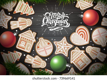 Top view of Merry Christmas concept design. Holiday cookies on wooden background. Christmas food